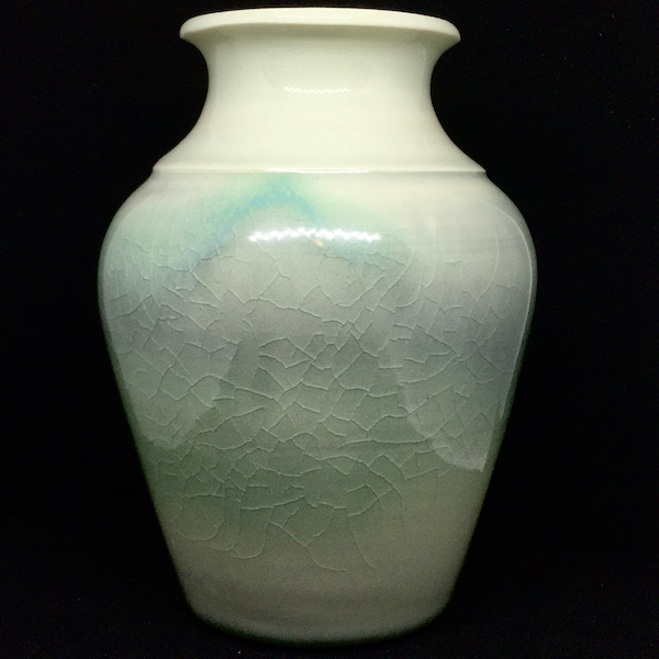 Vintage 1990s Signed Hema Opaline Studio Art Pottery Small Vase Urn Crinkle Texture Crinkle Green Beige Blue Home Decor Made in Canada