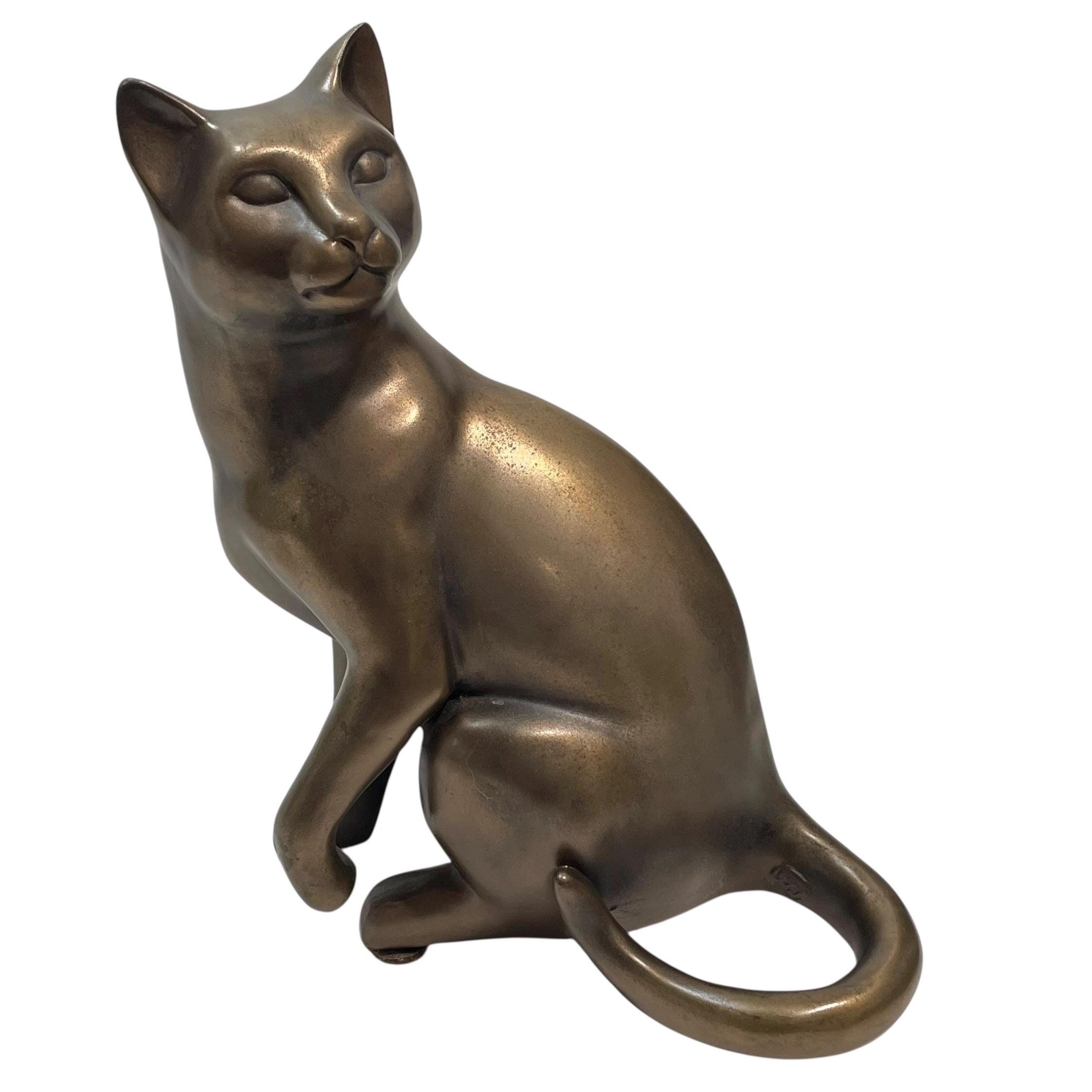 Vintage 1990s Modernist Cat Bronze Effect Resin Figurine - Marked