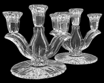 Vintage 1930s American Cut Crystal Art Deco 3 Light Candlestick Holders (2)
