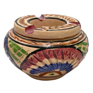 Vintage 1970s Handmade Moroccan Clay Ashtray Unique Colorful Pottery Art Redware, Hidden Ash - Smokeless, Collectible Home decor Gift Idea