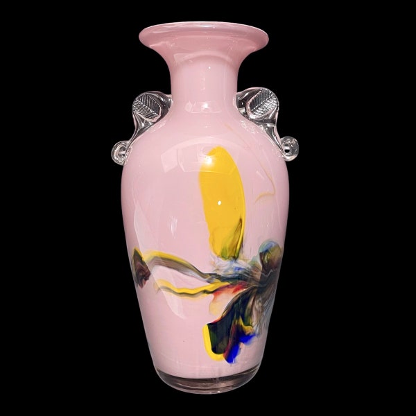 Vintage des années 1960 Dalian Art verre flocon de neige Chine Vase urne à double poignée MCM motif abstrait coloré soufflé à la main sur violet-rose objet de collection