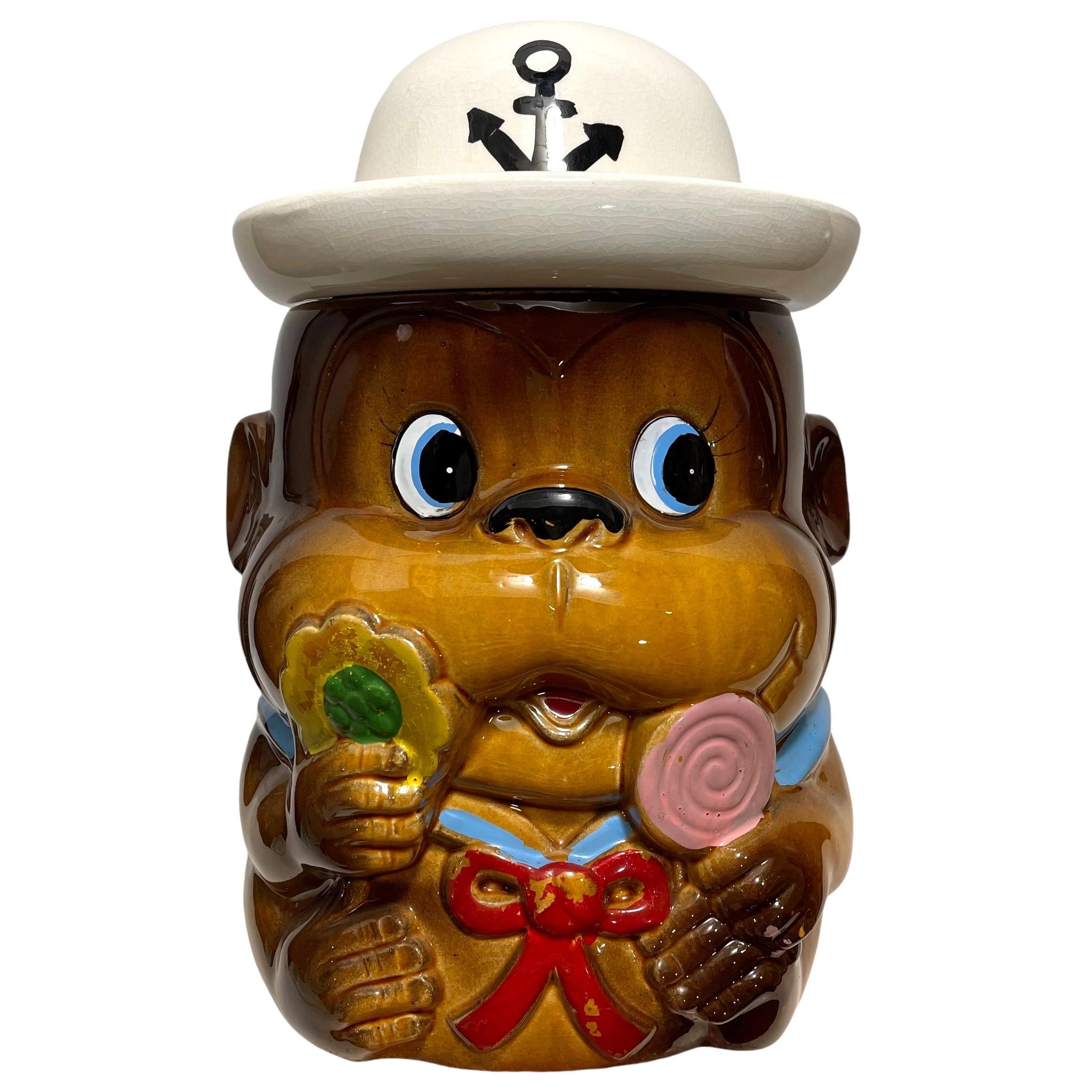 Vintage 1960s Ceramic Brown Monkey Cookie Jar With Sailor Hat