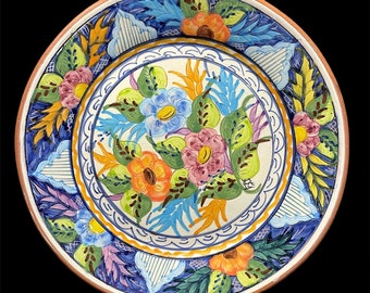 Vintage 1990s Signed Poudo E Filho S.P. Corual Portugal Folk Art Pottery 9" Plate Hand Painted Unique Colorful Floral Collectible Redware