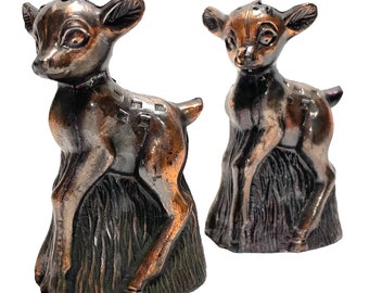 Vintage 1950s Copper Baby Deer Salt and Pepper Shakers Fawn Metal Bambi Woodland Rustic Mid-Century Collectible Home Decor Gift Idea Rare