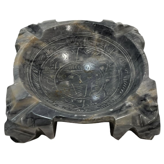 Vintage 1960s Hand Carved Marble Aztec Ashtray Stoneware - Unique