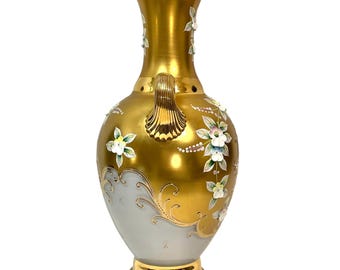 Vintage 1950s Venetian Murano Tre Fuochi 24K Gold White Glass 11.5