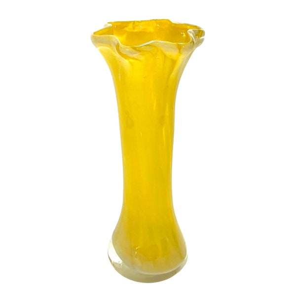 Vintage 1980s Hand Blown Glass Canary Yellow and White Small Ruffled Tulip Bud Vase Mid-Century-Modern Collectible Home Decor Gift Idea
