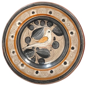 Vintage 1970er Jahre Barro Brunido Dekorativer Keramik Wandteller 24 cm - Tonala Handbemalte mexikanische Volkskunst Vogel Sammlerstück
