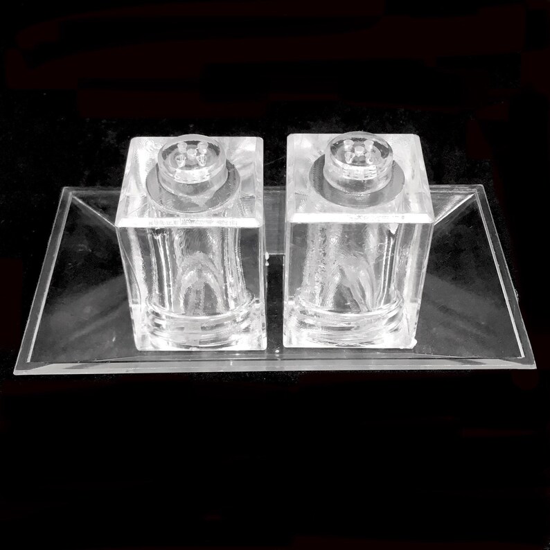Vintage 1980s Lucite Square Salt & Pepper Shakers Set With Tray Clear Geometric Plastic