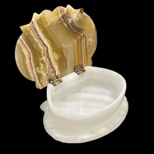 Peut inclure: Une boîte à bijoux décorative avec un couvercle en forme de feuille. Le couvercle est en onyx brun et beige en couches, tandis que la boîte est blanche. La boîte est ouverte, révélant l'intérieur. Les charnières sont de couleur bronze.