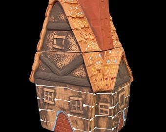 Vintage 1970s Gingerbread House Ceramic Cookie Jar Hand painted and made in Japan Hansel & Gretel Style Collectible Christmas Home Decor