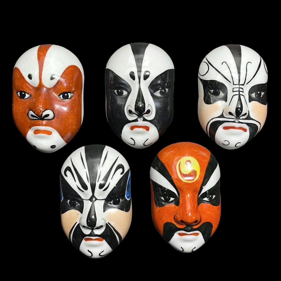 Vintage 1950s Chinese Beijin Opera Set of 5 Miniature Porcelain Masks ...