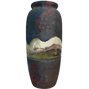 Vintage 1980s Signed Raku Fired Pottery Art Vase - Colorful Finish