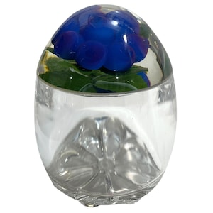 Può includere: Una cupola di vetro trasparente con un fiore di vetro blu al suo interno. Il fiore ha uno stelo e foglie verdi.