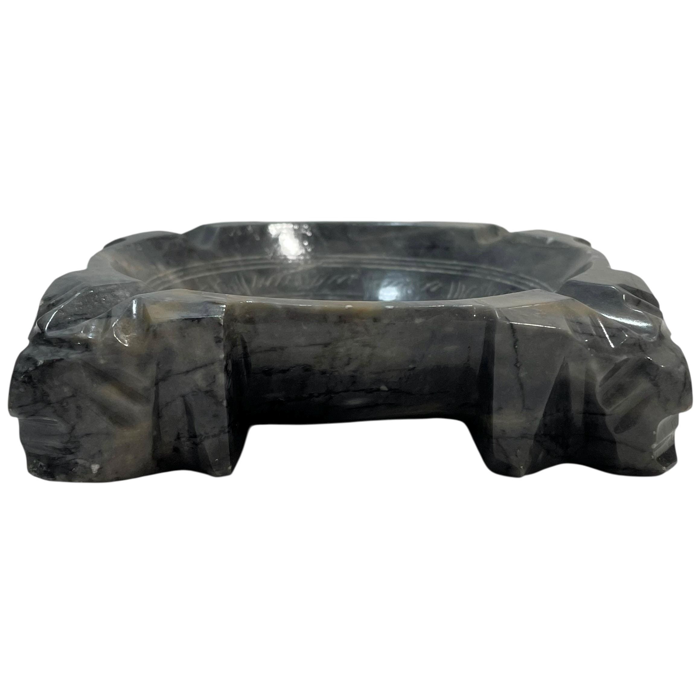 Vintage 1960s Hand Carved Marble Aztec Ashtray Stoneware - Unique