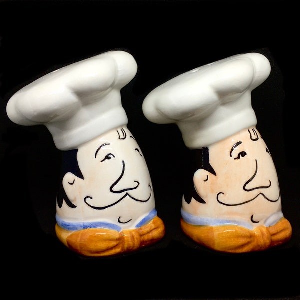 Vintage 1980s Pottery Happy Chef Salt Pepper Shakers Hand Painted Bakers Pastry Foodies Home Decor Gift Idea Collectible Retro Cute Unique