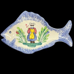 Vintage 1950s Portico France Ceramic Hand Painted Fish Platter - St Malo "Petit Breton" - French Mid-Century
