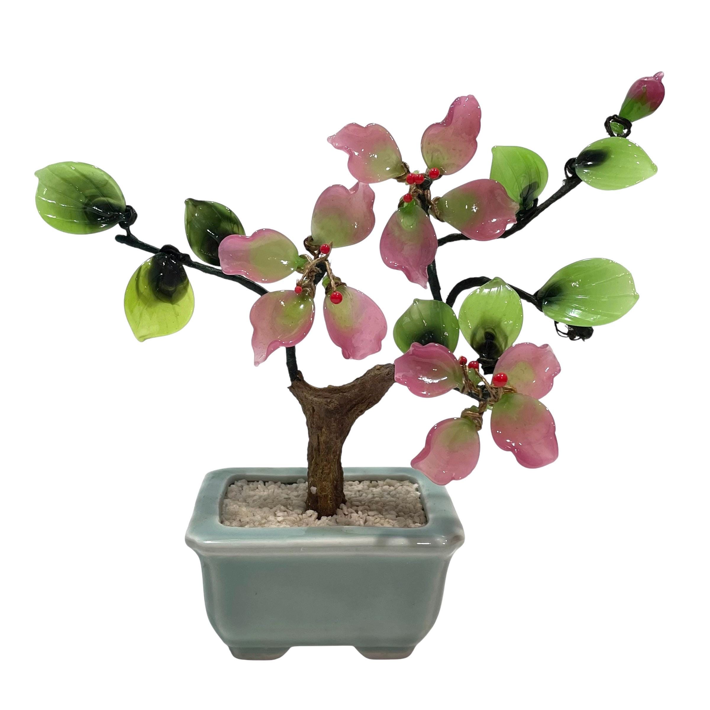 1980年代のヴィンテージガラス盆栽7インチx6インチのフェイクフラワー