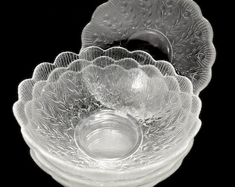 Vintage 1970s Arcoroc France Country Wheat Set of 4 Glass Salad Serving Bowls Collectible Farmhouse Home Decor Gift Idea Clear Pressed Glass
