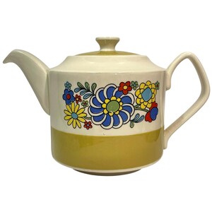 Vintage 1960s Sadler England Ceramic Teapot Flower Power Mustard-Yellow Base