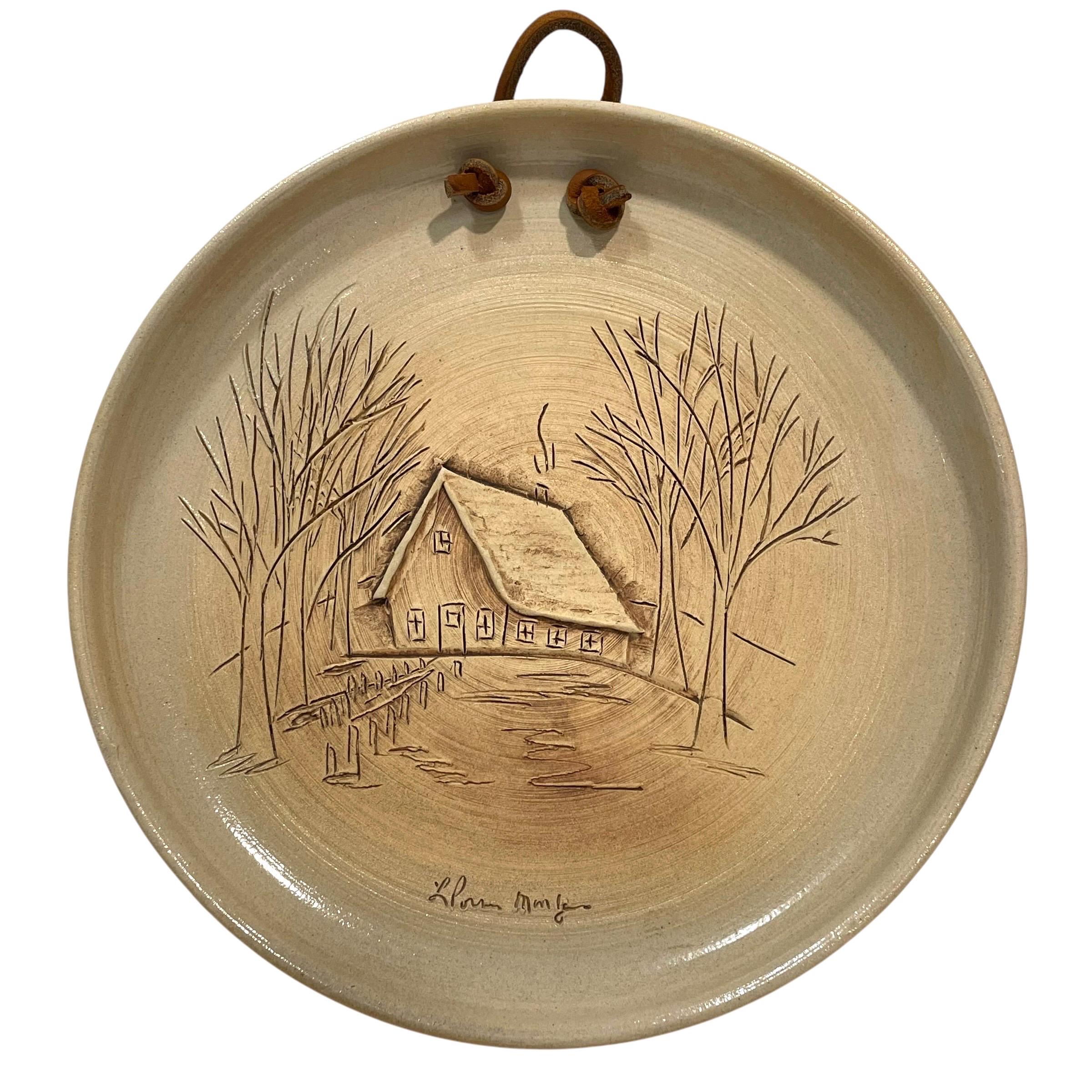 Vintage 1970s Signed Studio Pottery Art 8" Wall Plate - Rustic Cottage - Quebec, Canada