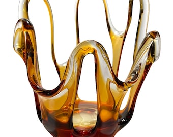Vintage 1970s Makora Krosno Jozefina Art Glass Poland - Large Amber Colored Freeform Cutout Vase Unique - Mid-Century-Modern Abstract Art