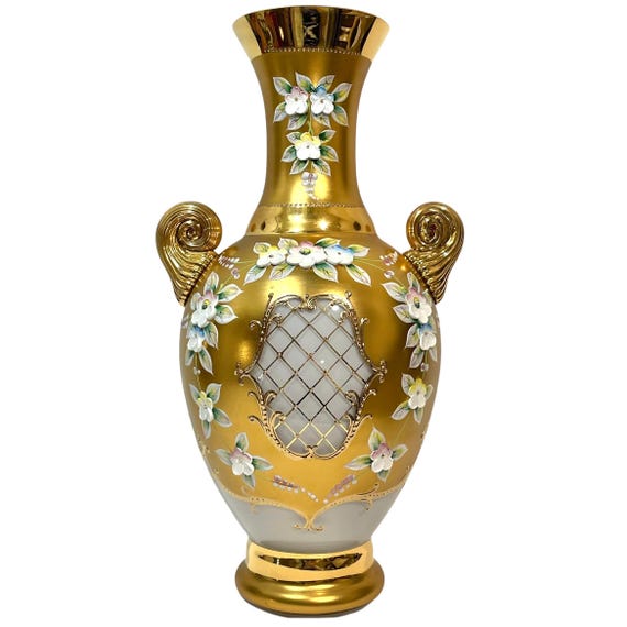 Vintage 1950s Venetian Murano Tre Fuochi 24K Gold White Glass 11.5