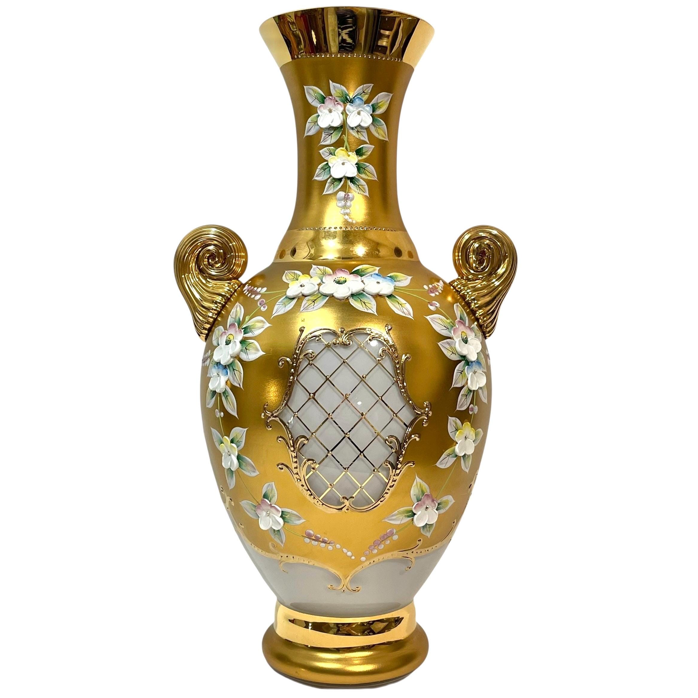 Vintage 1950s Venetian Murano Tre Fuochi 24K Gold White Glass 11.5