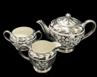 Vintage 1930s Sadler England Floral Leaf Silver Luster Teapot Sugar & Creamer Set - Patrón 1600 B Rara idea de regalo de decoración del hogar coleccionable