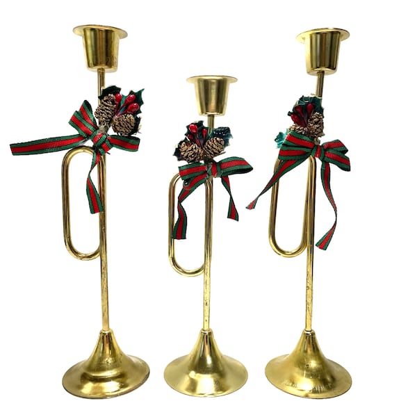 Vintage 1970s Brass Trumpet Holiday Horn Candlestick Holders Set of 3 MCM Christmas Green Red bow with Pinecone Collectible Home Decor Rare