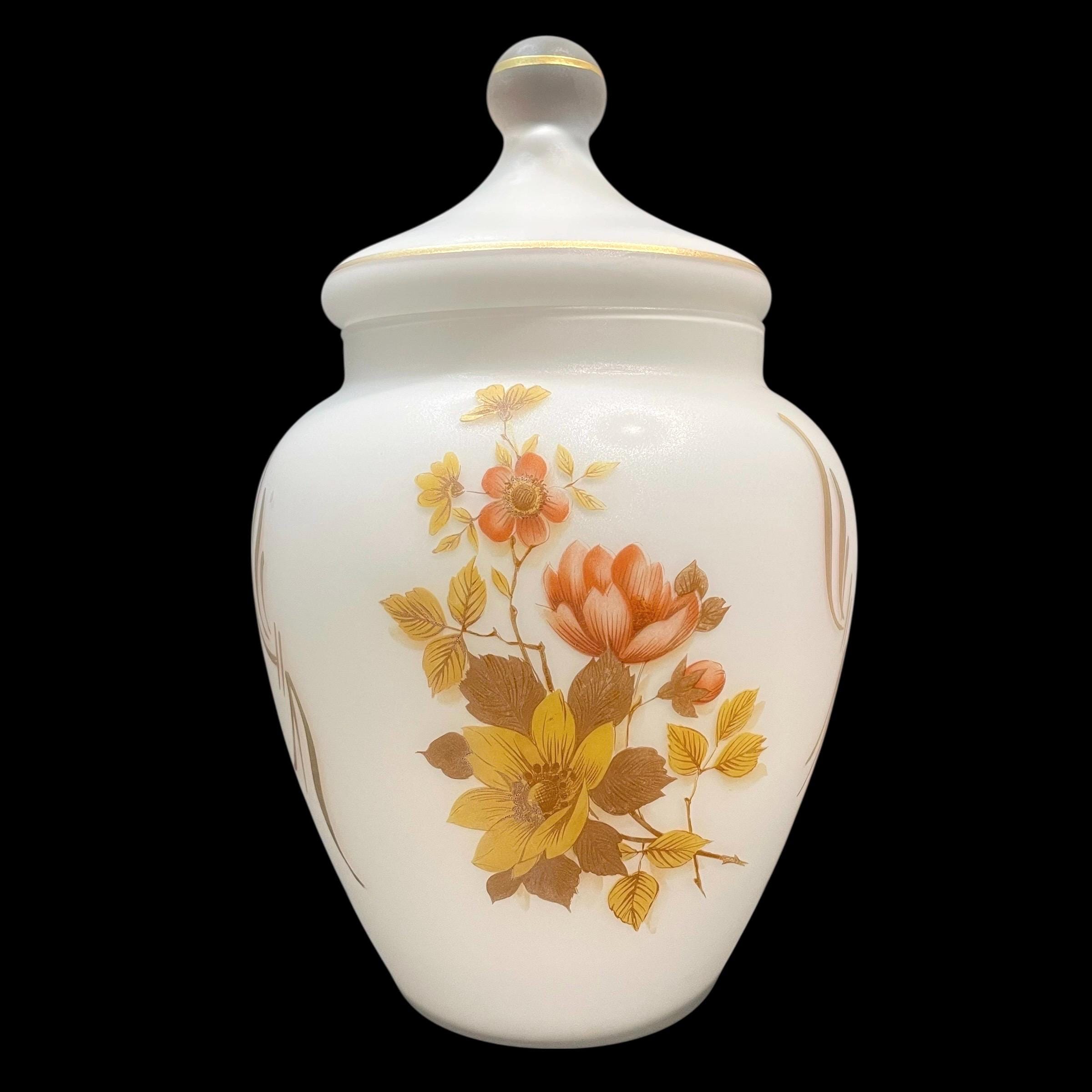 Pot En Verre Anchor Hocking – Transparent, Couvercle Orange Motif Marguerite, Vintage
