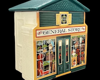 Vintage des années 1980 McConnell's Corners General Store Noël 1982 Avon petite maison en forme de pot à biscuits, idée cadeau déco pour les fêtes de collection