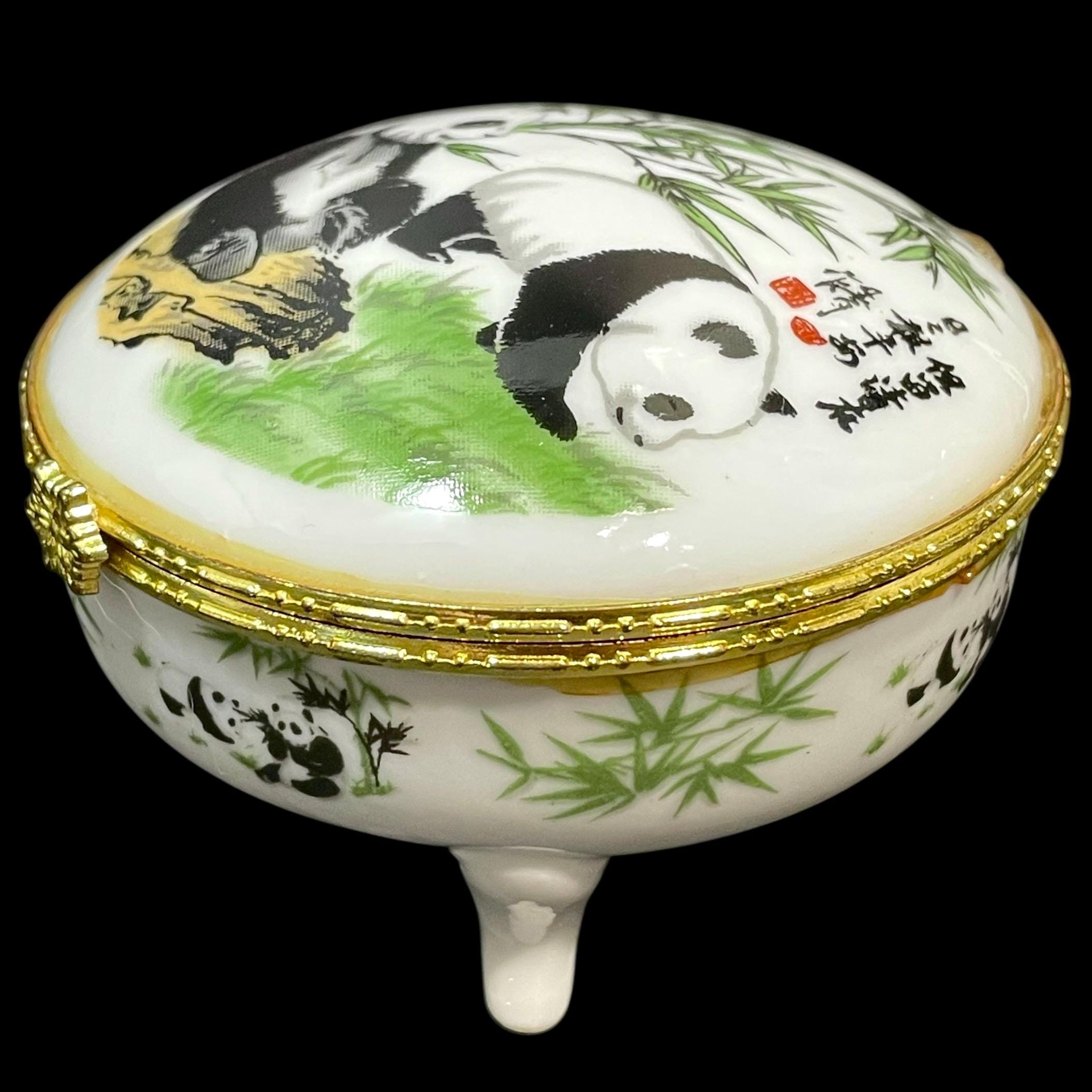 Vintage 1990s Chinese Panda Hinged Round Footed Porcelain Jewelry