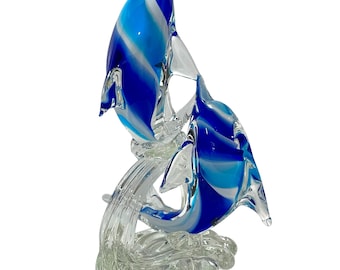Vintage 1990s Art Glass Jumping Dolphins Sculpture - Murano Style Collectible