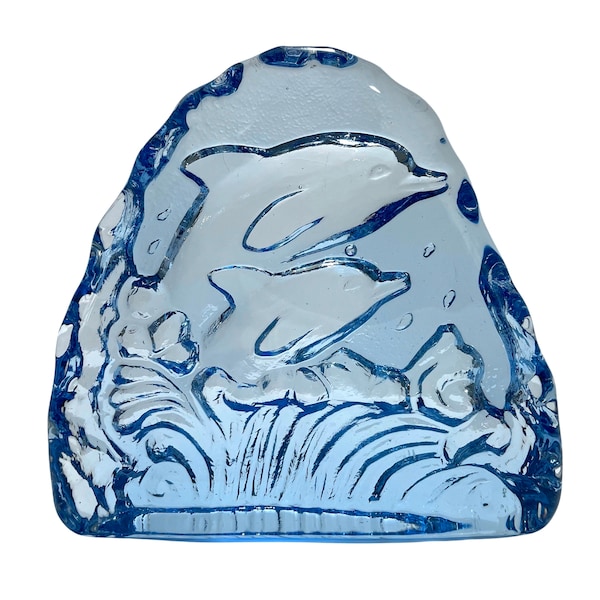 Vintage 1990s Art Glass Blue Dolphin Waves Paperweight in the Style of Robert Wyland Sculpture Collectible Home Decor Gift Idea Ocean Vibes