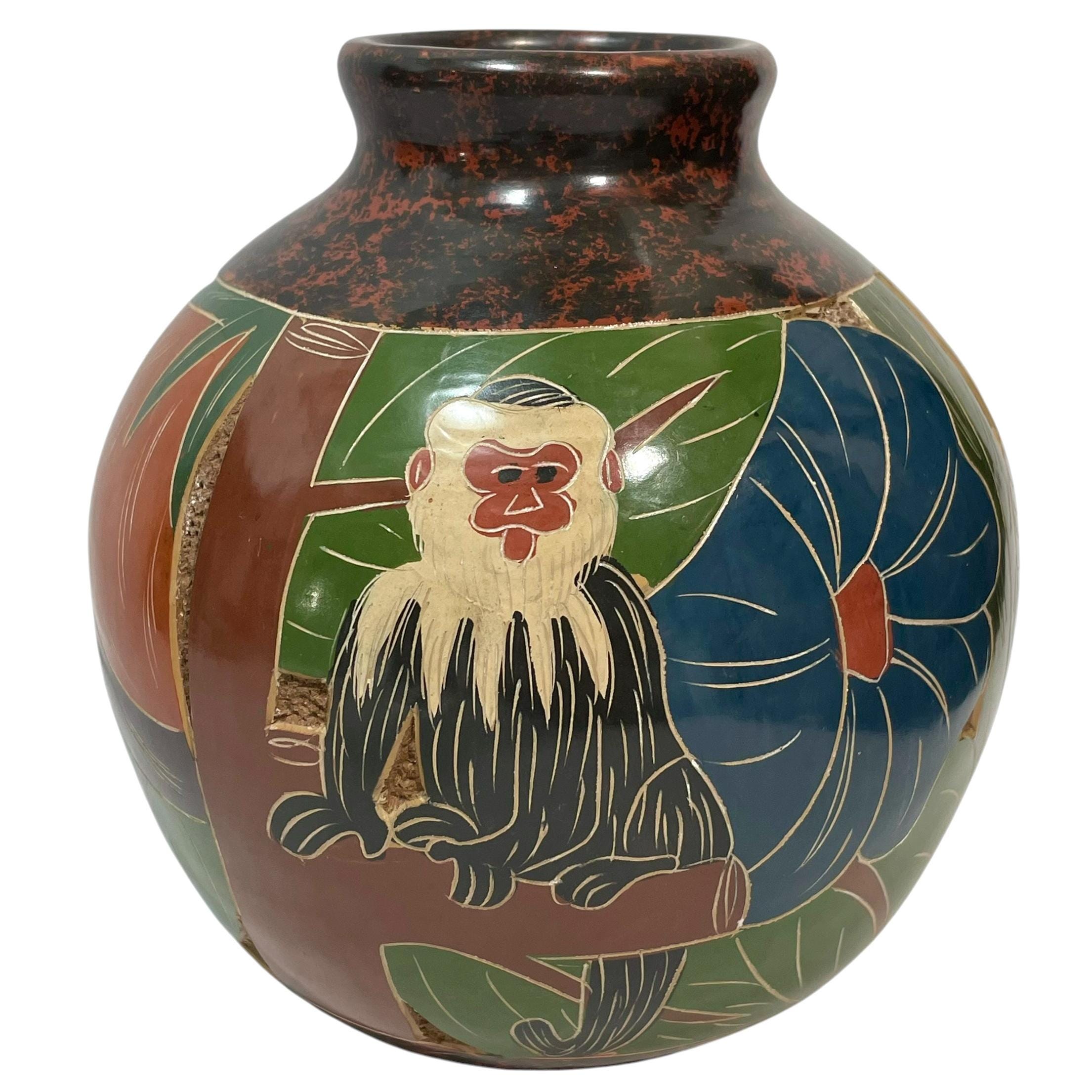 Vintage 1980s Celia Salazar Costa Rica Pottery Vase With Etched