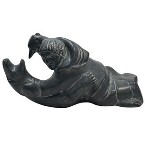 Vintage 1980s Signed Aline Lessard Ceramic Inuit Fighting a Polar Bear Sculpture