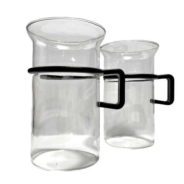 Vintage 1970s Bodum Bistro Coffee Mugs Set of 2 Tall Danmark Black Handle Clear Glass Cups Space Age Design Collectible Home Decor Gift Idea