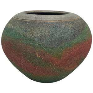 Vintage 1990-tals signerad Raku-bränd keramikkonst Bulbous vas - Färgglad krackelerad finish