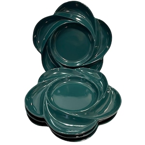 Vintage 1970s German Ceramic Fondue Plates Set (4) - Dark Green Flower Shaped