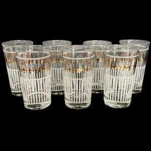 Conjunto de 7 copos para beber Ás de Espadas Vintage 1960 Dominion Glass - Transparente, Branco Fosco e Dourado - Moderno de meados do século
