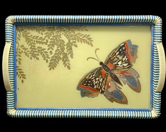 Vintage 1950er Jahre Westdeutschland Mosaik-Serviertablett Glas schillernde Abalone-Intarsien Schmetterling WIE IST umgekehrt bemalte goldene Blätter glitzern selten