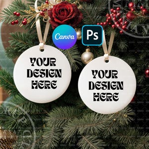 Double Christmas Mockup Blank White Round Ceramic Canva & PSD Ornament Mockup White Hanging Ceramic Ornaments Mockup Bundle