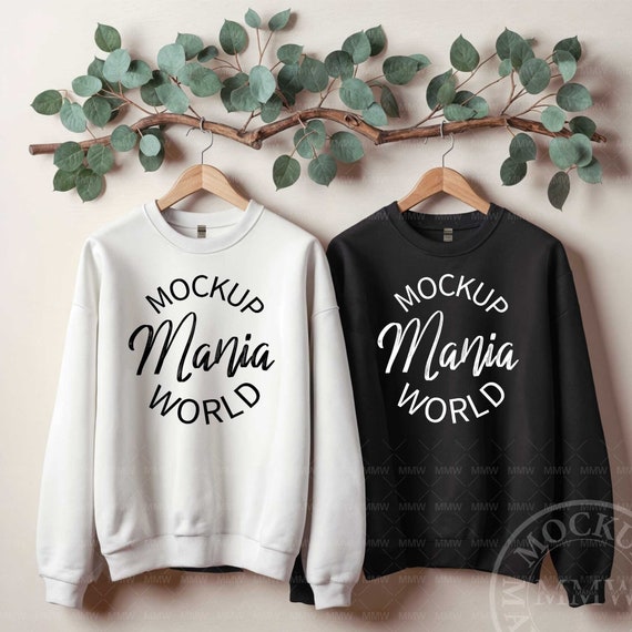 Gildan 18000 Couple Mockup Black & White, Gildan 18000 Double Mockup White Gildan 18000 Sweater Mockup,  Hanging White Sweatshirt Mockup