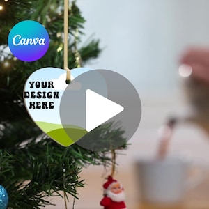 Christmas Ornament Mockup Video Heart Ornament Mockup Video Canva White Heart Ornament Mockups MP4 Trendy Photo Twinkling Christmas Lights