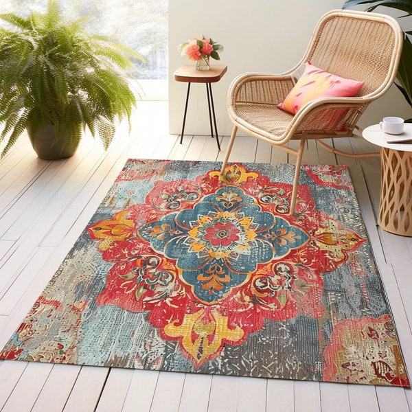 Porch Large Rug, Floral Medallion Rug, Diningroom Rug, Dressing Rug, Pink Area Rug, Eraseble Runner, Patio Chair Under Rug, Anti Slip Rug