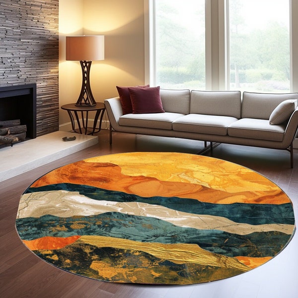 Tapis avec vue sur la nature, tapis rond moderne, tapis à motif doré, tapis de salle de jeux, tapis d'entrée rond, tapis de salon, tapis design numérique, tapis orange