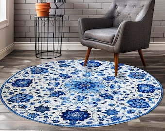 Tile Round Rug, Blue Circle Rug, Topkapi Palace Rug, Tropical Round Rug, Diningroom Circle Rug, Nonslip Rug, Print Round Rug, Easy To Clean