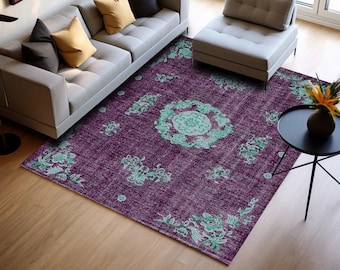 Washable purple rug, Floral rug, Summer theme rug, Bedroom rug, Bohemian rug, Dining room rug, Rug with teal, Eco floor rug, Cotton rug