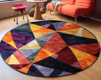 Colourful Circle Rug, Purple Large Rug, Patio Round Rug, Bedroom Circle Rug, Geometric Rug, Contemporary Rug, Coustal Rug, Movie Room Rug